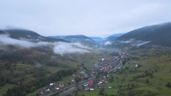 Aerial View of the Village in the Carpathian Mountains in Autumn. Ukraine