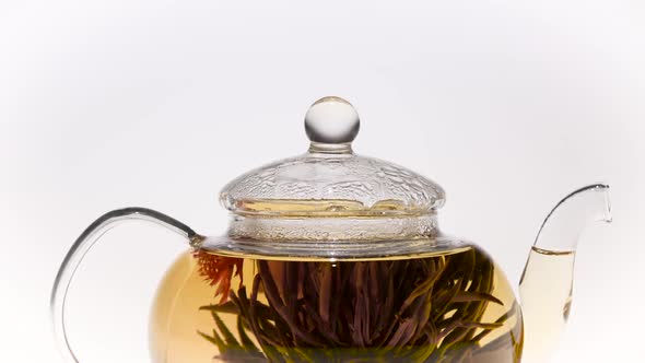 Closeup. Teapot with a Blossoming Red Flower Green Chinese Tea