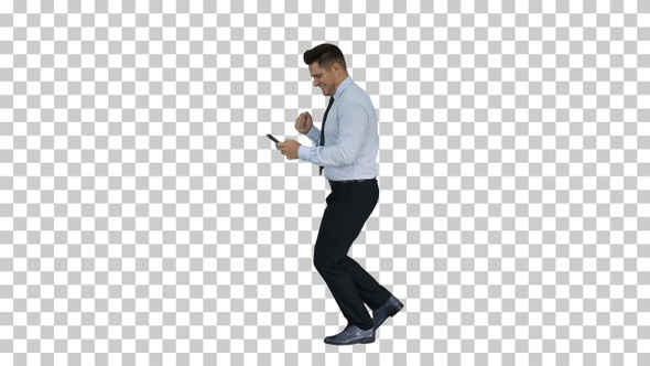 Happy business man walking in frame using mobile phone