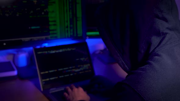Man in a Hood Working As a Hacker at the Computer in the Dark Room at Night Hacking the System and