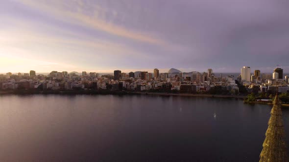 Aerial view of the Rio de Janeiro city lake at sunrise with in the middle of the lake the 2018 talle