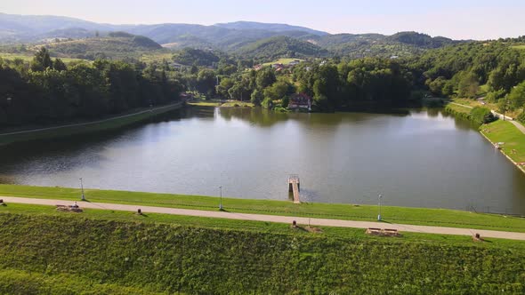 Aerial view of a water reservoir in Nova Bana, Slovakia