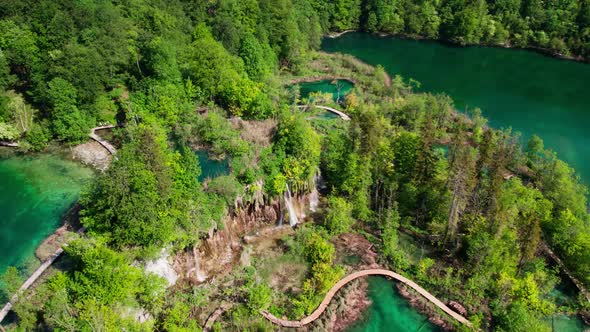 Drone Aerial View of Plitvice Lakes National Park, Croatia, Majestic Landscape on Sunny Summer Day