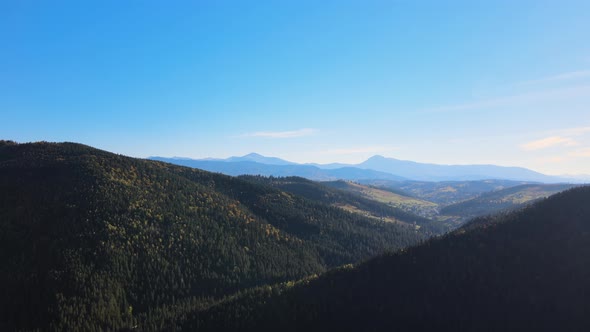 Aerial Landscape View of High Peaks with Dark Pine Forest Trees in Wild Mountains