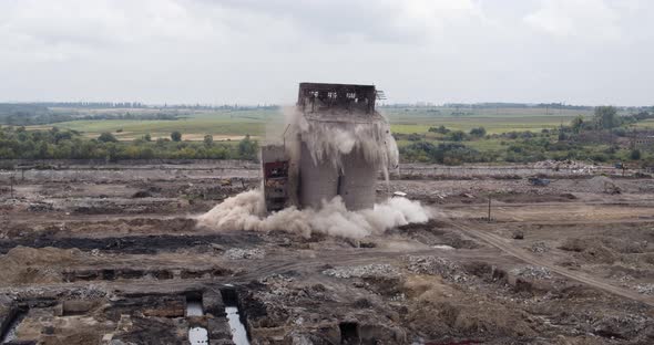 Old Concrete Silo Building Demolition By An Explosion Speed