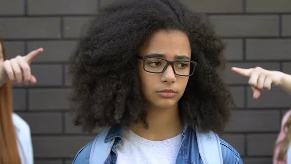 Peers Pointing Fingers at Smart Biracial Girl, Mocking Nerd, Verbal Bullying