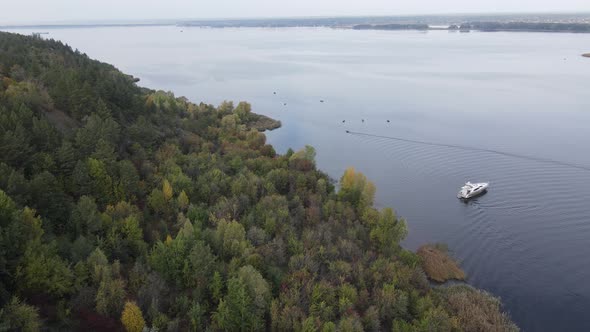 Beautiful Aerial View of the River Dnipro. Ukraine, Slow Motion