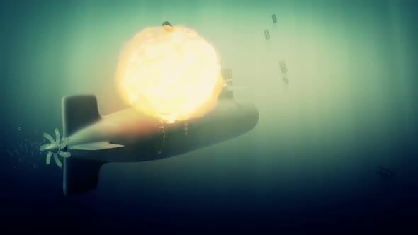 Submarine Under Death Charge Attack (Two Detonations)