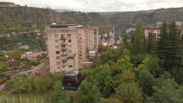 Aerial View of the Modern Cable Car in Chiatura Miners City in Georgia