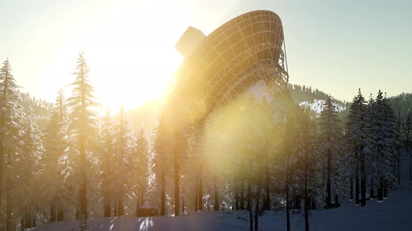 The Observatory Radio Telescope in Forest at Sunset