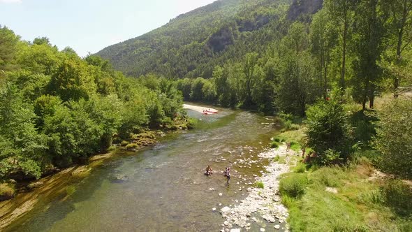 Aerial travel drone view of Gorges du Tarn and the Tarn River, Southern France.