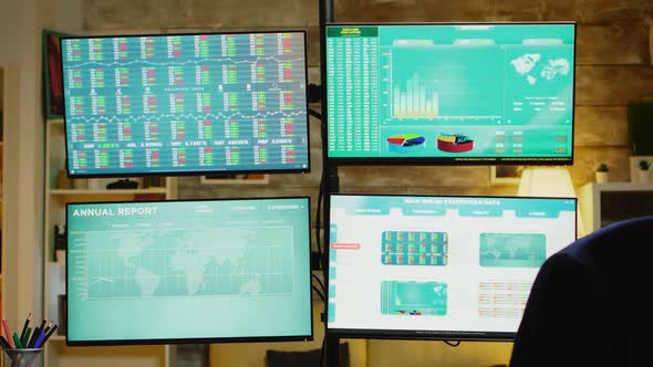 Zoom Out of Home Office with Monitors for Stock Market