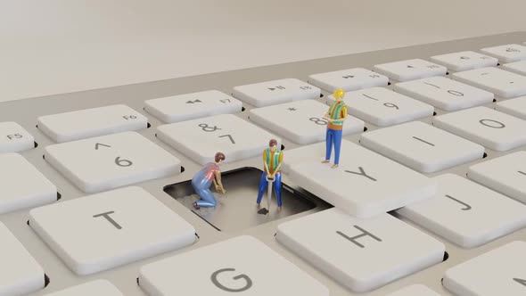 Miniature People Repairing Keyboard