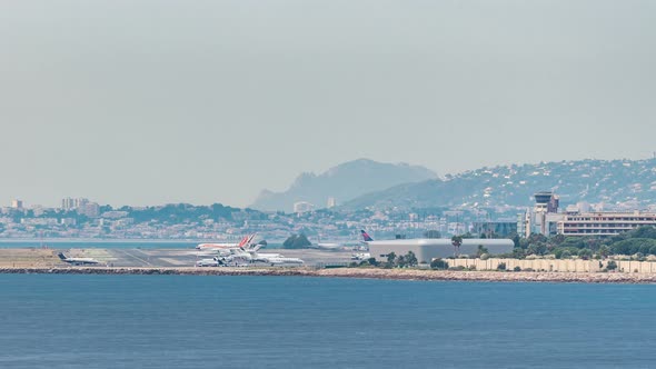 Aerial View of the Airport of Nice in South France Timelapse