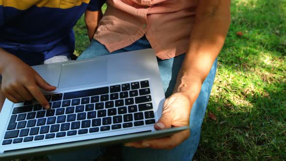 Grandmother and grandson using laptop in the park 4k
