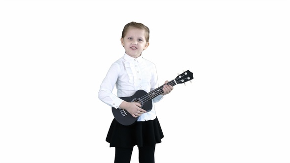 Pretty emotional young girl singing with ukulele on white