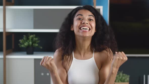 Yes Winner Gesture. Amazed African-american Young Woman Winner Celebrating Success, Surprised To