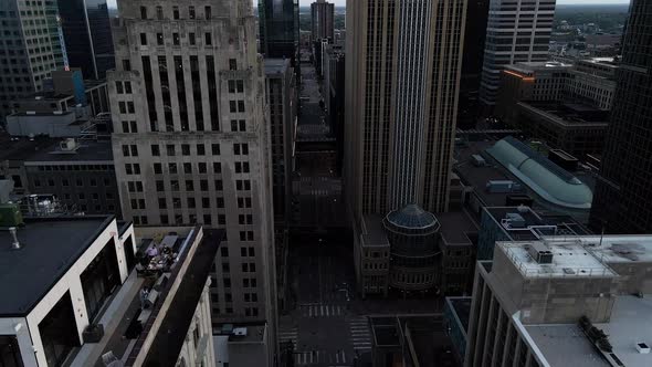 aerial view of minneapolis downtown buildings, camera tilting up