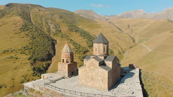 Super Slow Revealing View Of Kazbegi Landmark Church