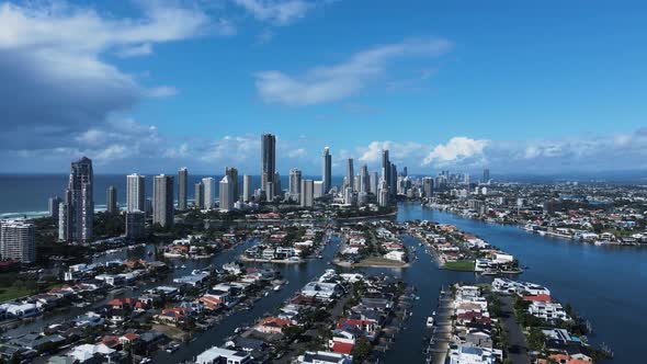 Aerial view of Gold Coast canal real estate property housing and high-rise apartments