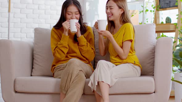 Young beautiful Asian lesbian couple smiling to each other