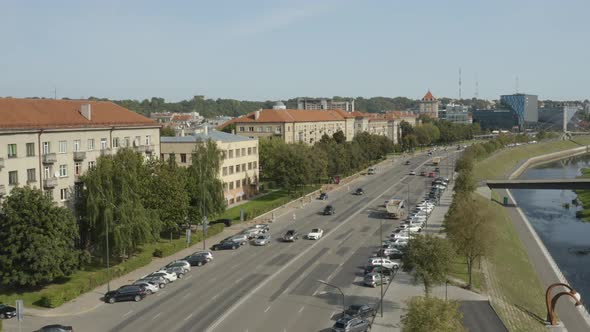 Bad City Roads With City Traffic In Typical Town of East Europe, Kaunas, Lithuania