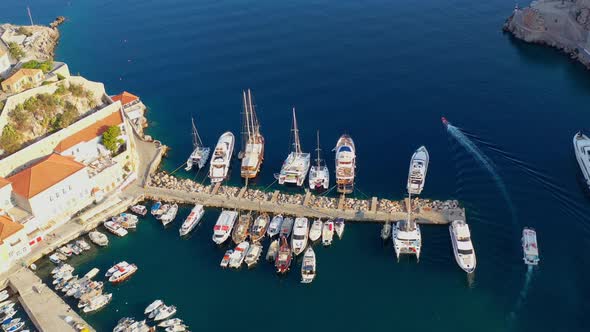 Aerial View of Hydra Old Town and Marina or Seaport Greece  Drone Videography