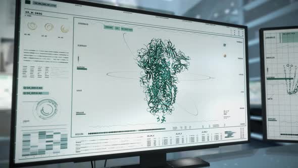 Close-up to a SARS-Cov-2 spike protein structure. modern biomedical software.UI alt