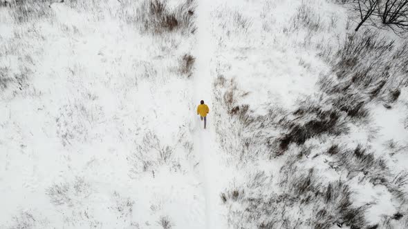 A man walks in a field on a winter snowy day