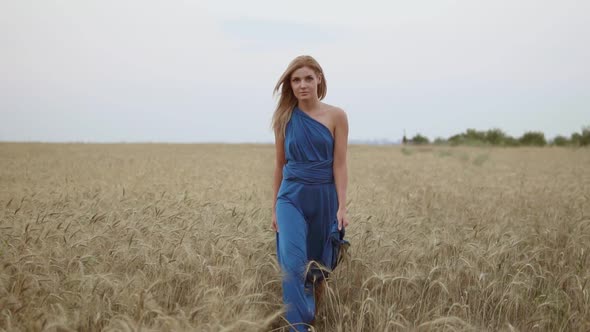 Beautiful Young Happy Girl in Long Blue Dress Walking Through Golden Wheat Field Looking to the