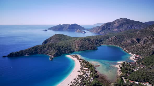 Amazing beautiful panoramic view from drone of Oludeniz Blue lagoon beach in Fethiye in Mugla