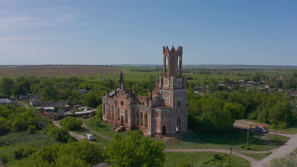 Church of St. Mary in the Neo-gothic Style in the Village of Kamenka, Saratov Region, Russia. The