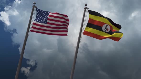 Waving Flags Of The United States And The Uganda 4K