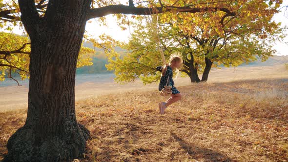 Happy Child Girl on Swing at Golden Sunset. The Concept of Childhood Dreams