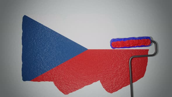 Roller paints the wall in colors of Czech flag.