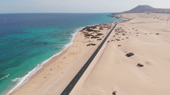 Aerial View Of Road Crossing Corralejo Dunes Natural Park, Fuerteventura