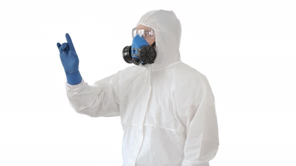 Doctor in Respirador, Goggles and Gloves Touching Virtual Screen on White Background