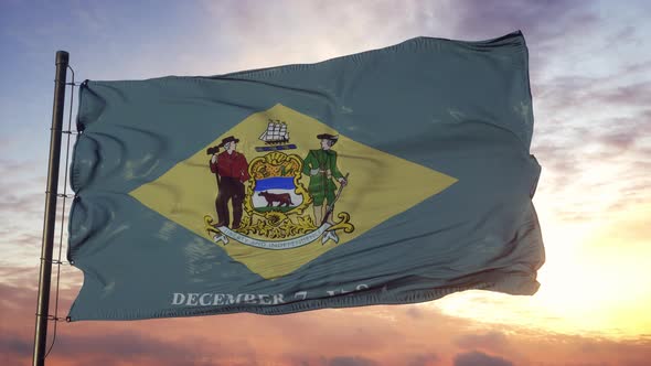 Flag of Delaware Waving in the Wind Against Deep Beautiful Sky at Sunset