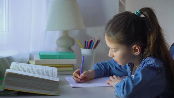 Little School Girl Doing Homework at the Table