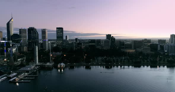 Aerial views in Perth, Western Australia. City views. Morning Sunrise color. Slide shot 1