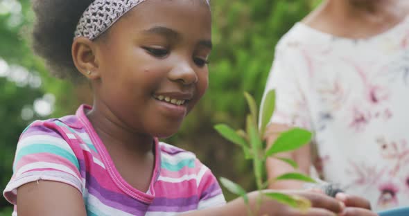 Happy senior african american grandmother with granddaughters working in garden