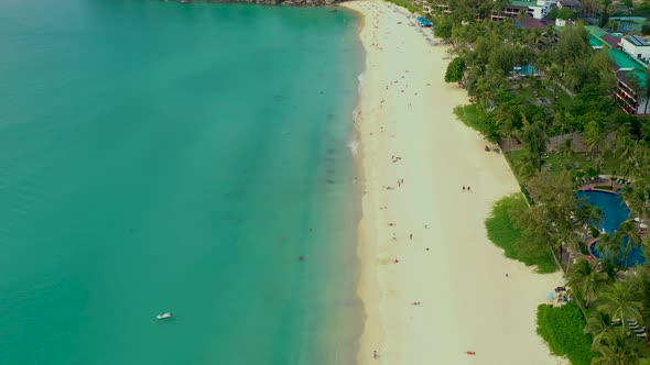 Aerial panorama of tropical resort territory and beach, beautiful Andaman sea at west coast of Phuke