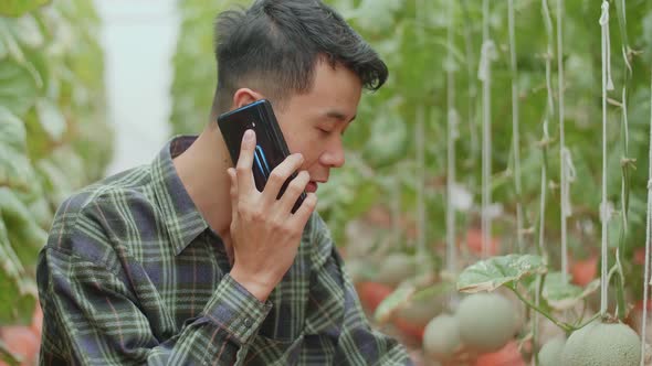 Asian Farmer Talking On Mobile Phone In Organic Farms With Book. Agriculture Or Cultivation Concept