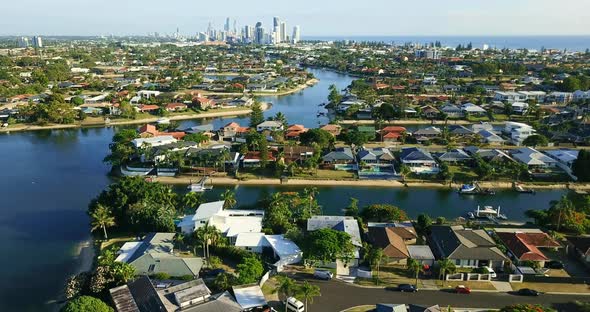 Panoramic view of a coastal city.