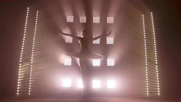 Diligent Young Graceful Ballerina Dancing Elements of Classical Ballet in the Dark with Light and