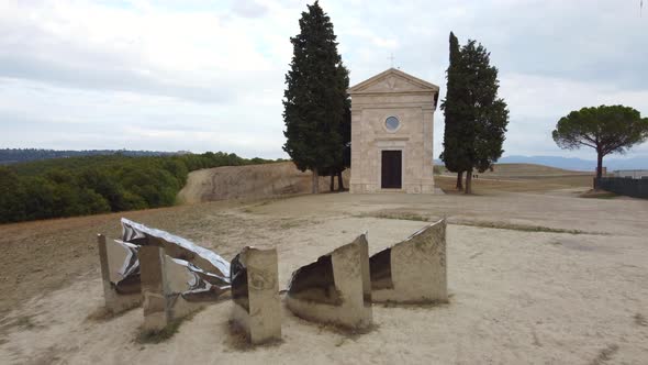 Chapel Vitaleta in Val d'Orcia Rolling Hills Aerial View in Tuscany