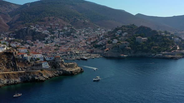 Aerial View of Hydra Old Town and Marina or Seaport Greece  Drone Videography