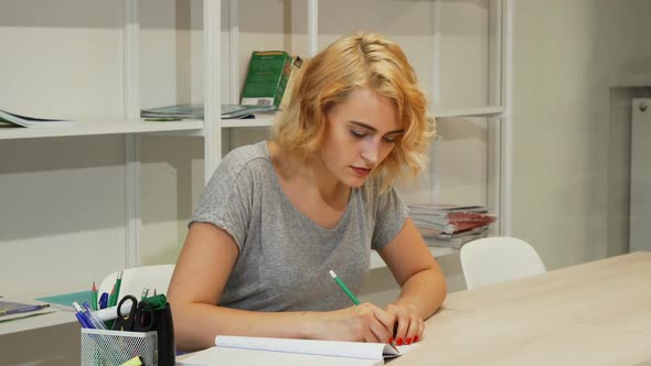 Gorgeous Young Woman Making Notes While Studying