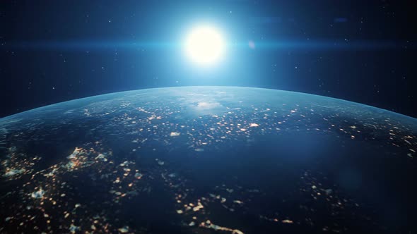 Sunrise of the Blue Digital Sun Above the Earth From Space alt