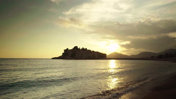 Sveti Stefan Is a Tourist Town By the Sea. Montenegro. Evening